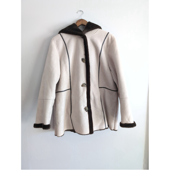 Pennington Pany Lane Sued Hooded Mid Length Coat Cream Faux Teddy Furr Lining XL - Picture 1 of 11